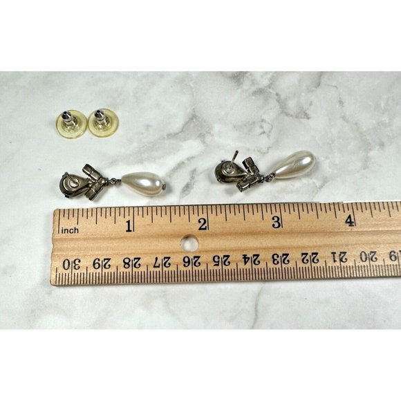 Silver Tone Dangle Earrings with Pear Rhinestones & Teardrop Faux Pearl - 1 1/2" - Picture 6 of 6